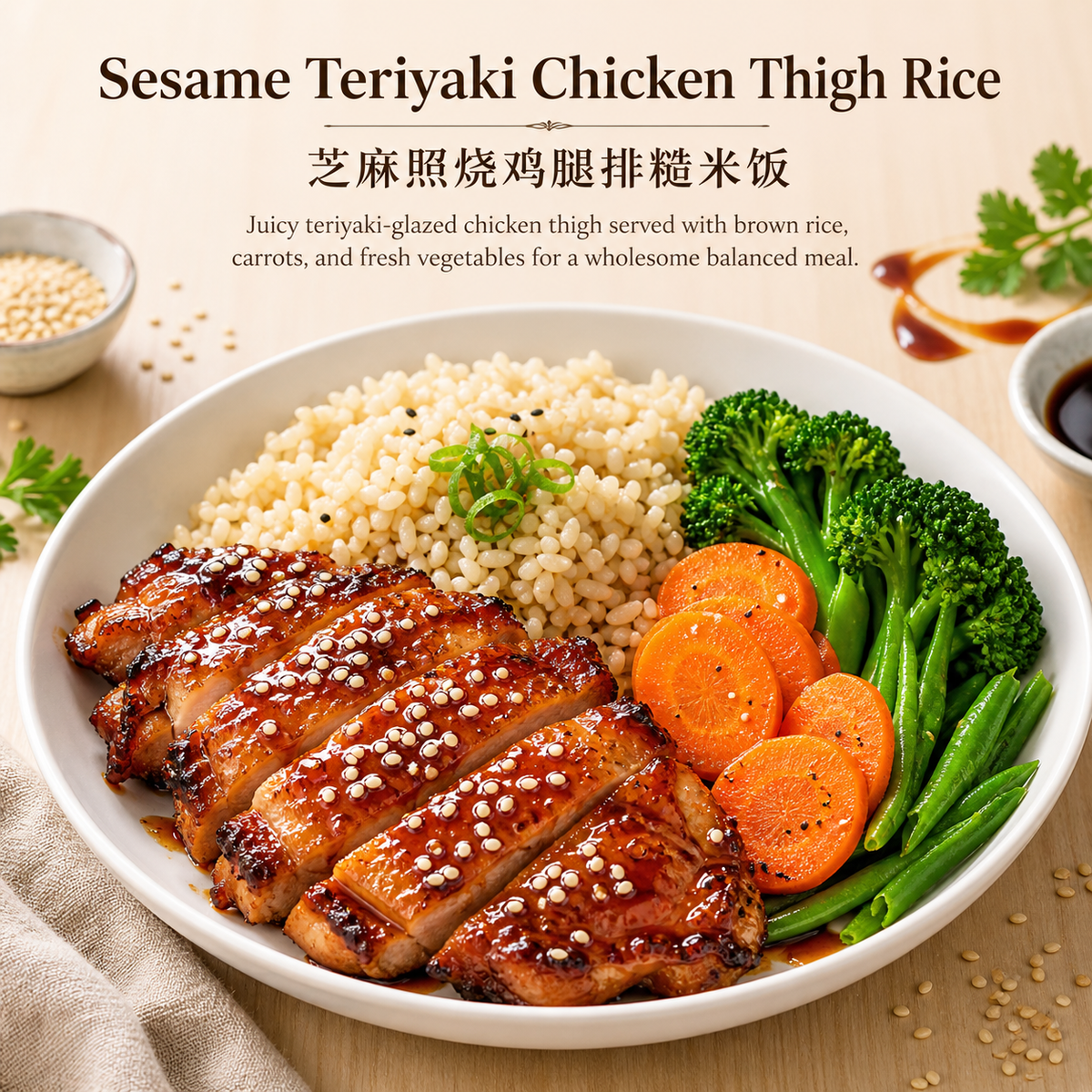 芝麻照烧鸡腿排糙米饭