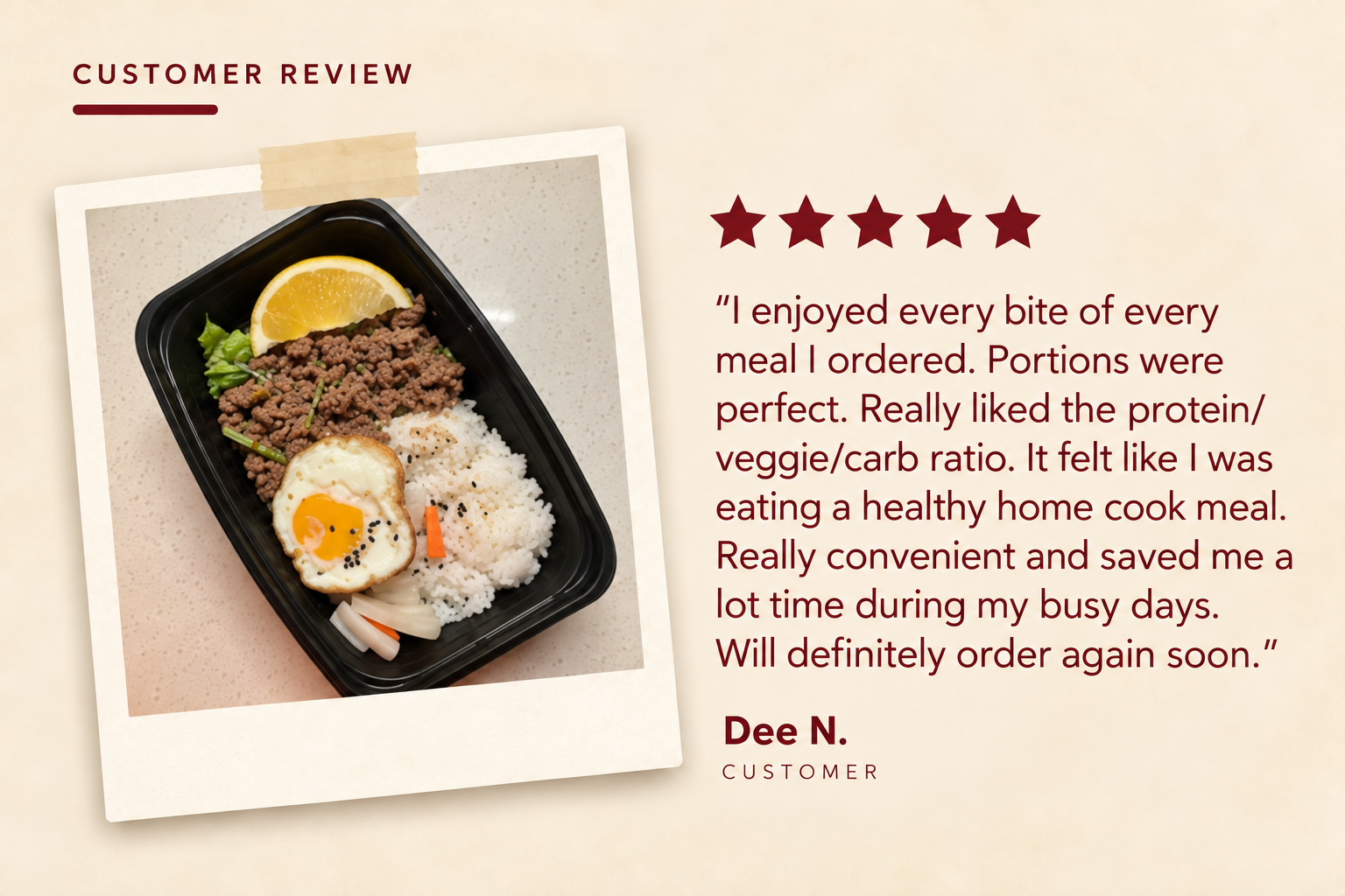 Five-star customer feedback with a meal photo, describing balanced portions and convenient meals.