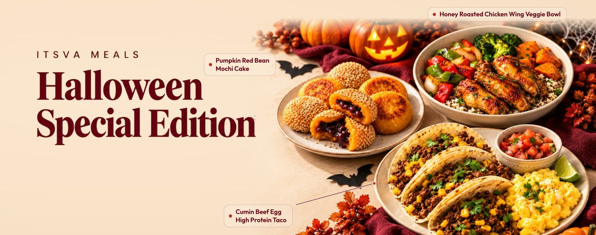 ITSVA Halloween Special Edition: Pumpkin Red Bean Mochi Cake, Honey Roasted Chicken Wing Veggie Bowl, Cumin Beef Egg High Protein Taco